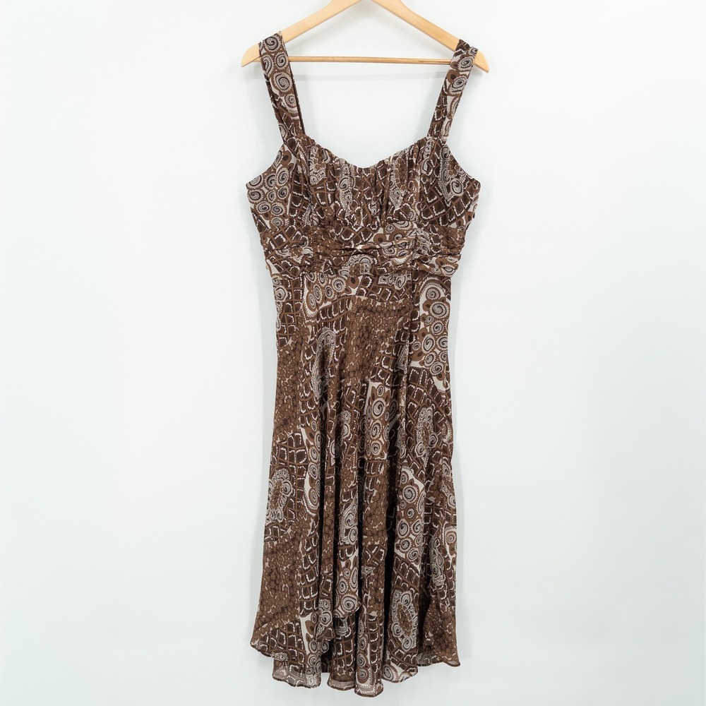 Y2K Forest Fairy Brown Chiffon Midi Dress Size‎ 12 Empire Waist Baby Doll Earthy